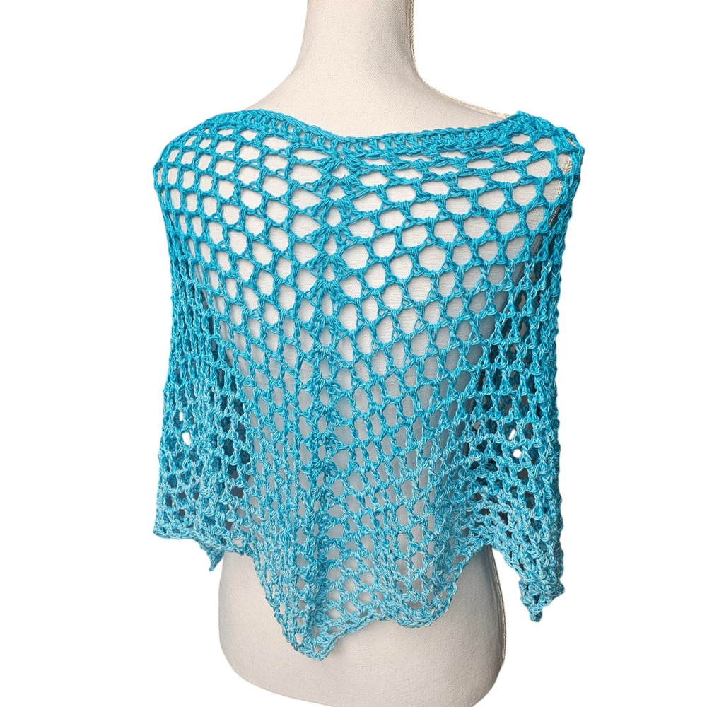 Handmade Crochet Shawl Women Teal Ombre Cotton Boho Poncho - Picture 12 of 12